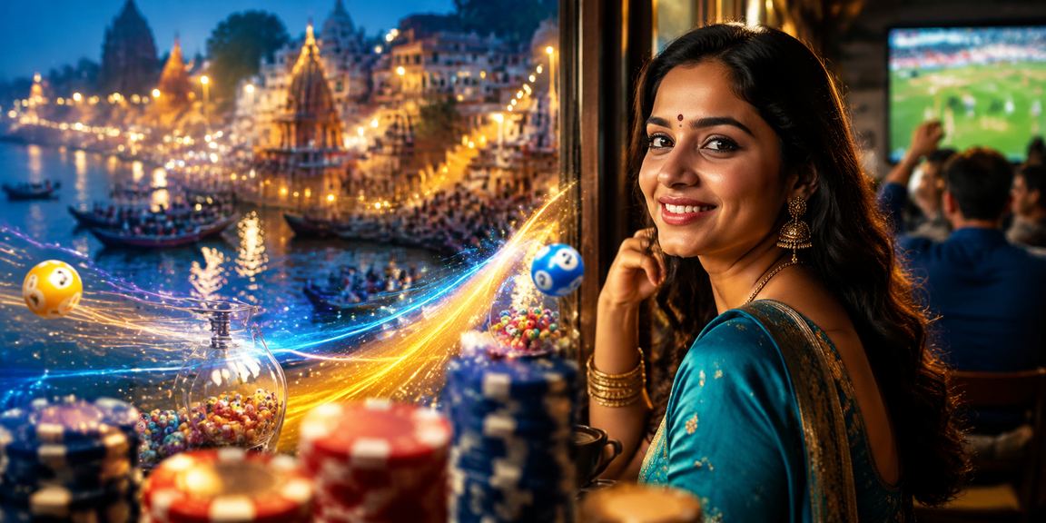Scenic Varanasi Ghat with festive blue and gold lights